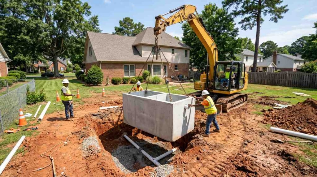 Septic system installation in progress at a Charlotte, NC residential property