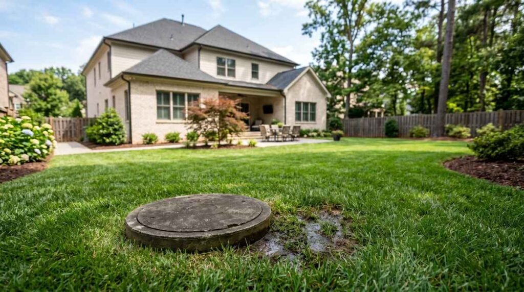 Septic tank access cover in a Charlotte, NC backyard with a damp spot indicating the tank may need pumping