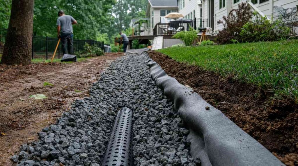 French drain installation with gravel trench and perforated pipe in a Charlotte, NC backyard