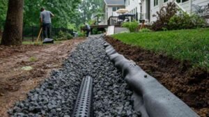 French drain installation with gravel trench and perforated pipe in a Charlotte, NC backyard