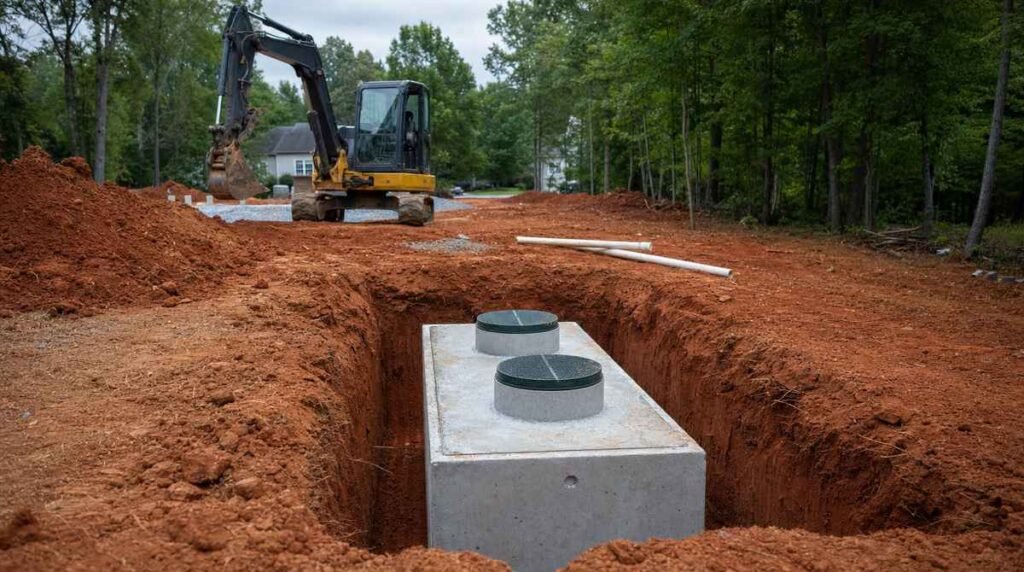 Septic tank installation site and excavation in Charlotte, NC